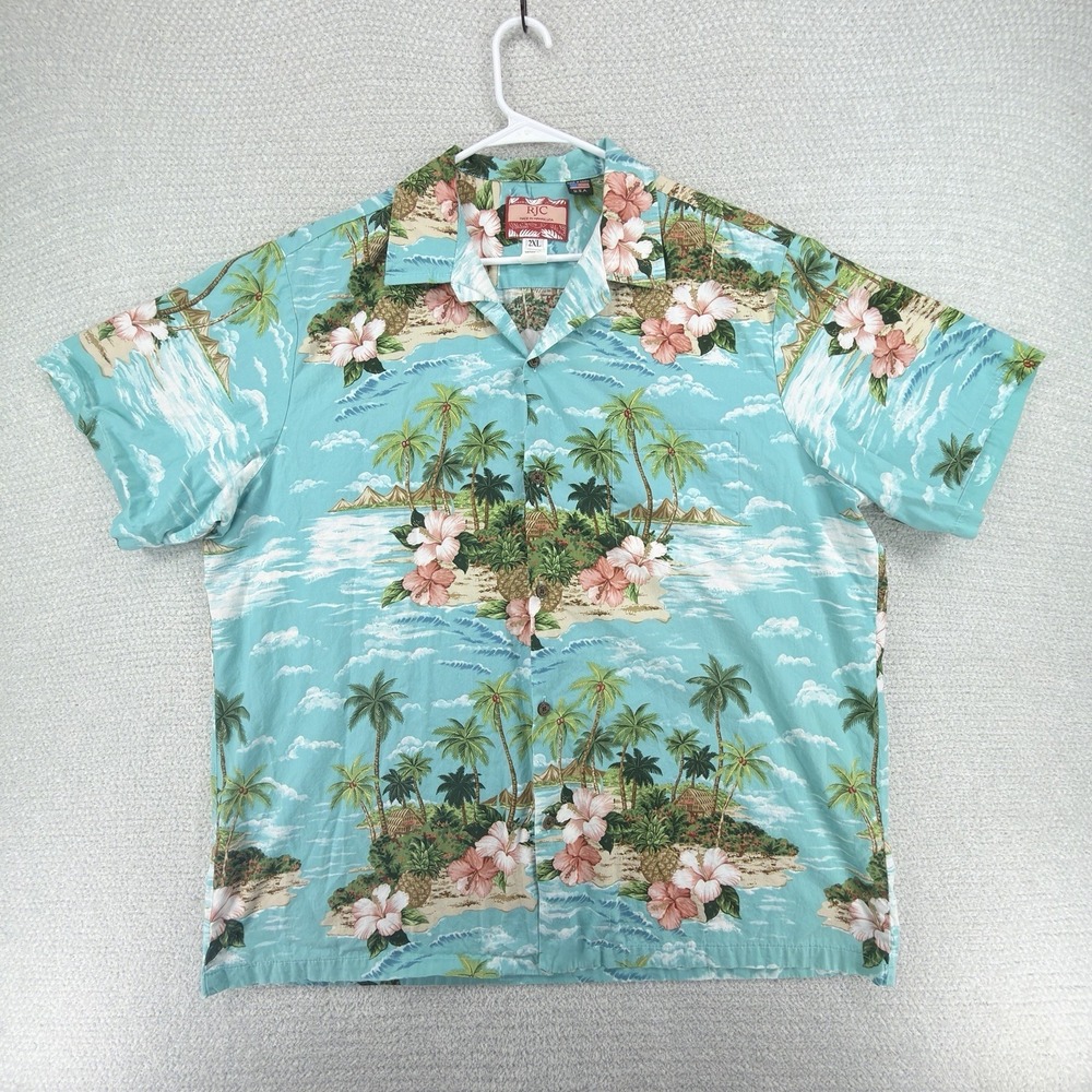 RJC Hawaiian Shirt Mens 2XL Blue Scenic Tropical Hibiscus Palm Made Hawaii USA